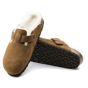 Birkenstock Shearling Boston Clog - Mink Suede Leather Slip- On Mules